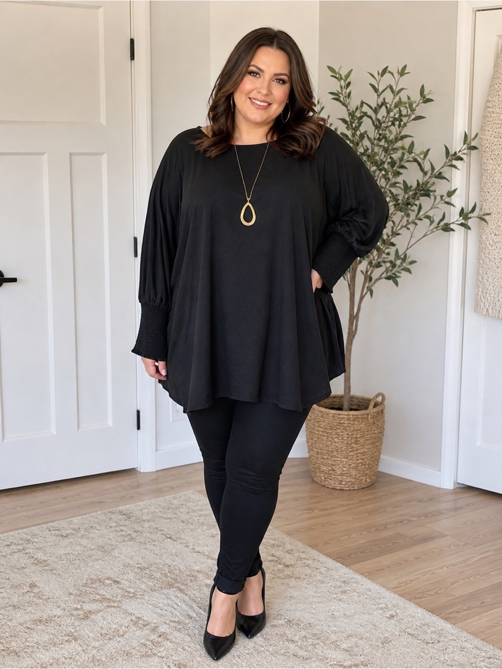 Entro Black Oversized Tunic Dress Smocked Sleeve Boho Flowy 1X 2X NWT